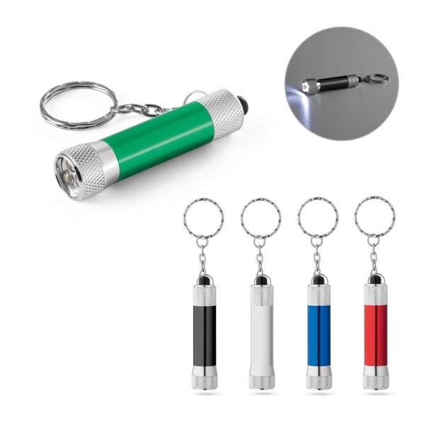 RE-LERGAN. Schlüsselanhänger aus Aluminium (92% recycelt) mit 3-Licht-LED-Taschenlampe