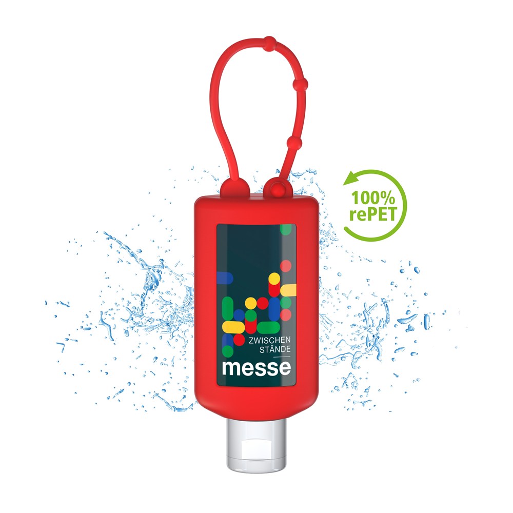 Hände-Desinfektionsgel (DIN EN 1500), 50 ml Bumper rot, Body Label (R-PET)