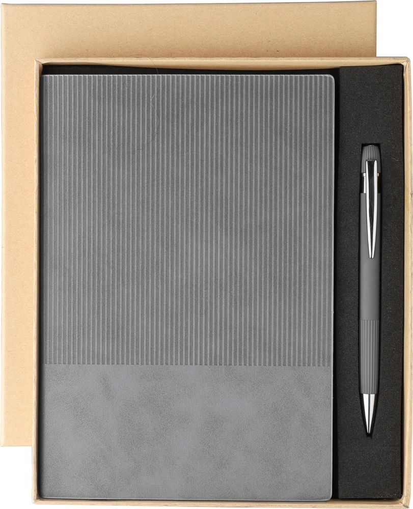 Recyceltes PU-Notizbuch (A5) und Kugelschreiber-Set Tarek - Grau