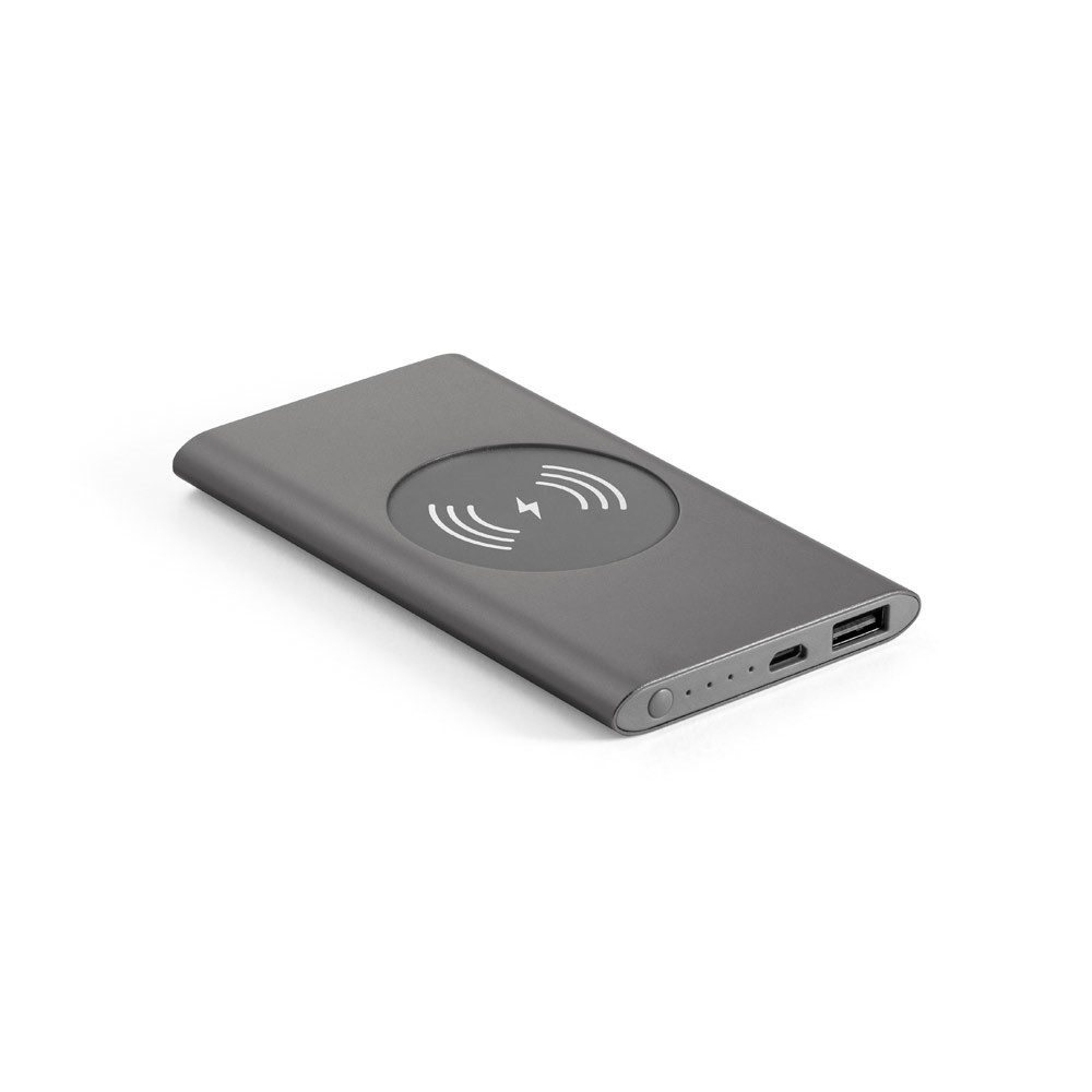 CASSINI. Powerbank 4'000 mAh mit 5W wireless Ladegerät aus Recyceltes Aluminium (100 % rAL) - Dunkelgrau