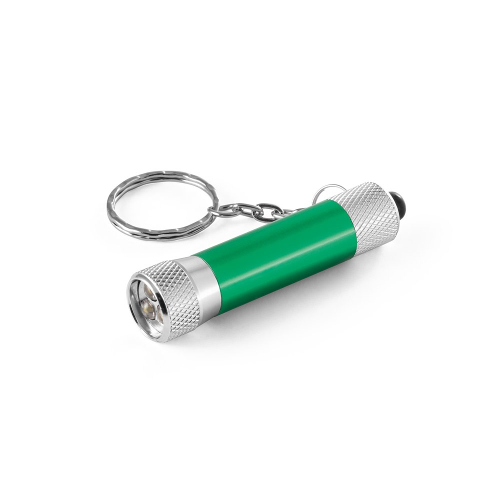 RE-LERGAN. Schlüsselanhänger aus Aluminium (92% recycelt) mit 3-Licht-LED-Taschenlampe - Grün
