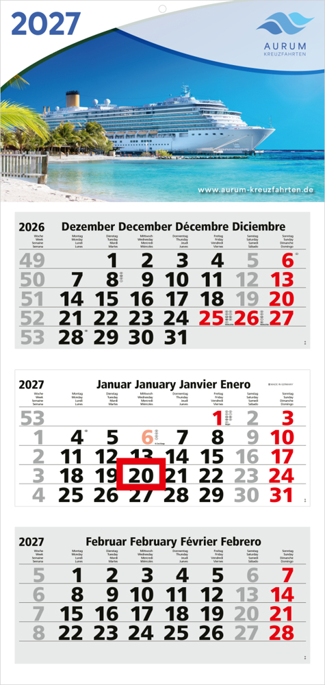 3-Monatskalender Mehrblock Medium Light 3 Werbung am Kopf