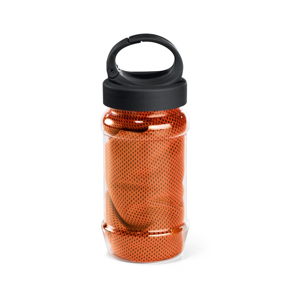 ARTX PLUS. Sporthandtuch aus Polyamid und Polyester mit Flasche (440 mL) aus PP und PET und einem integrierten Karabinerhaken am Deckel - orange