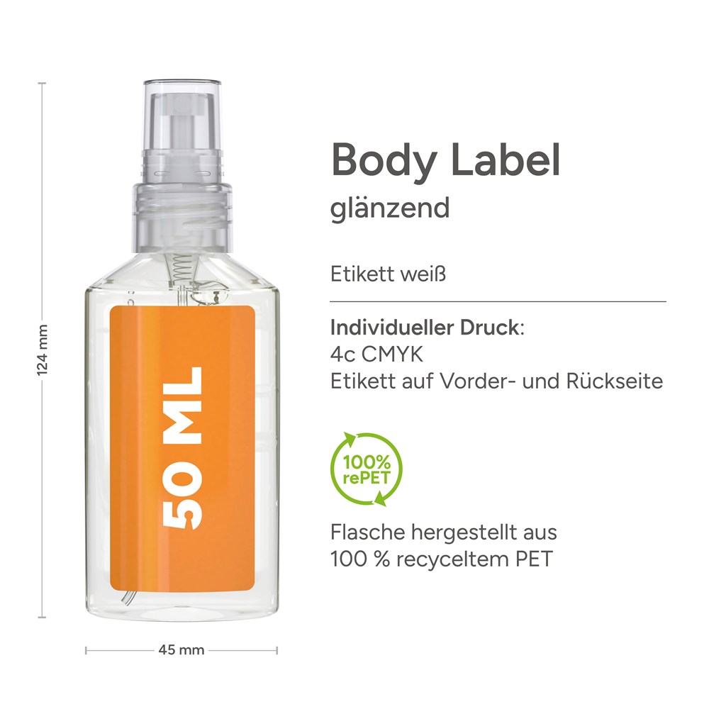 Hände-Desinfektionsspray (DIN EN 1500), 50 ml, Body Label (R-PET)