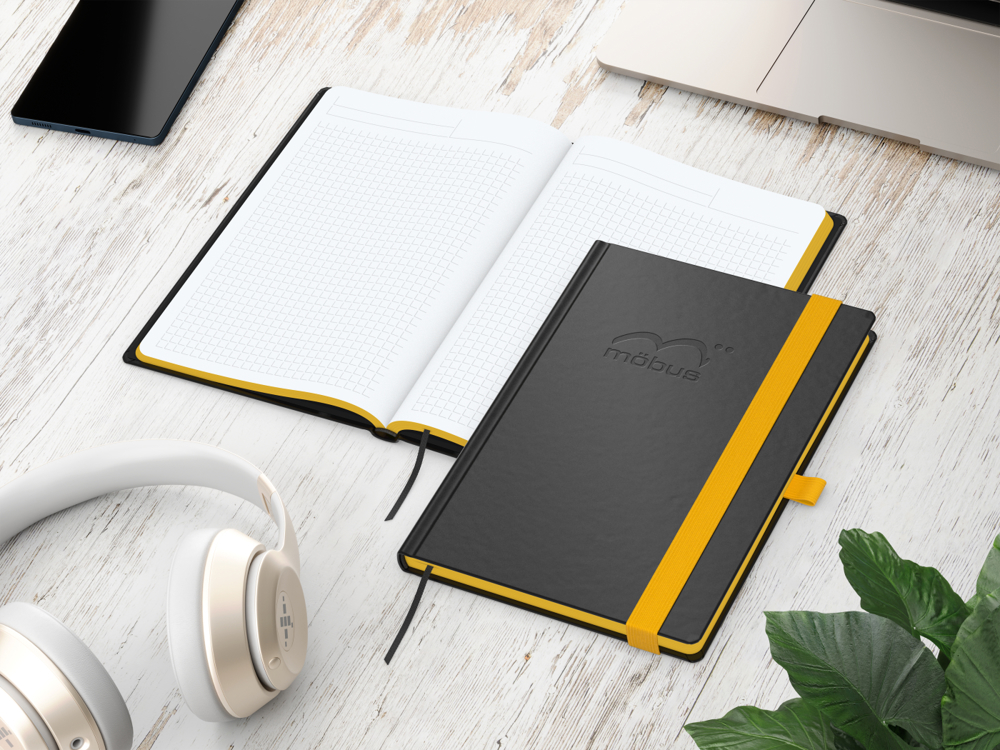 Notizbuch Color-Book, A5, Winkelkaro, gelb, Prägung