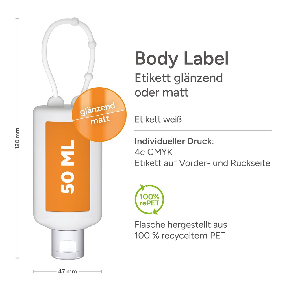 Hände-Desinfektionsgel (DIN EN 1500), 50 ml Bumper frost, Body Label (R-PET)