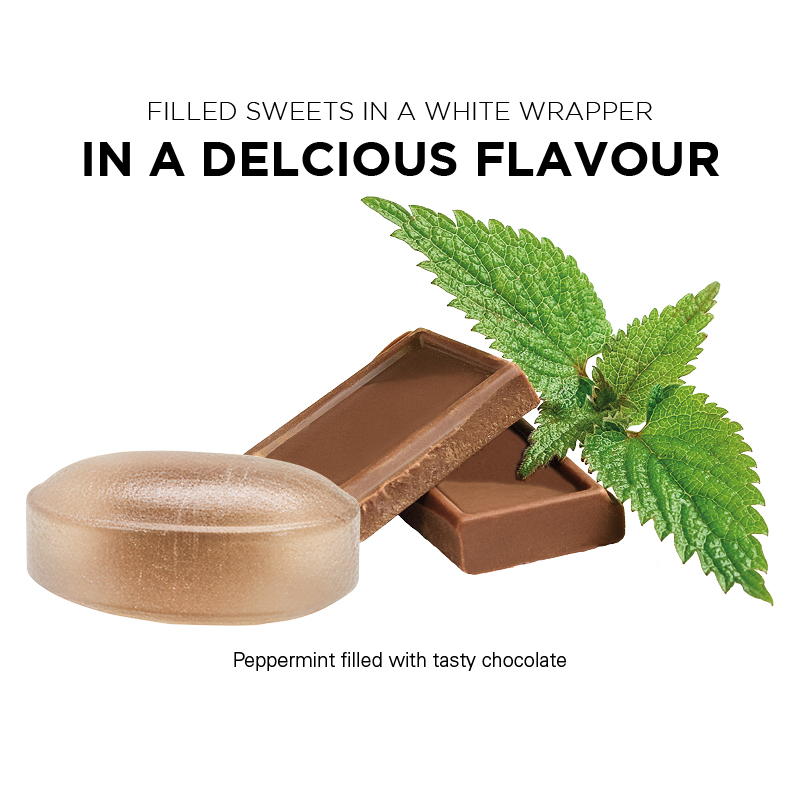 Schoko-Minz Bonbon im weißen, kompostierbaren Wickler
