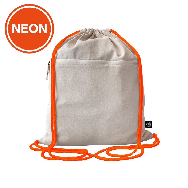 Fairtrade Baumwollrucksack Toni, Kordelfarbe - Neon Orange