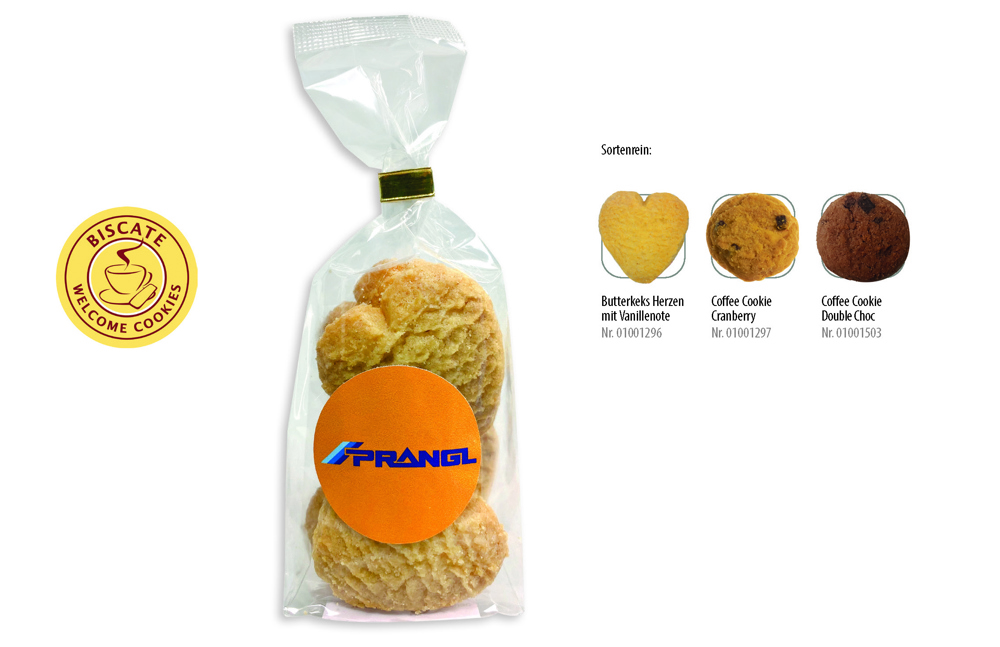 Cookies Bodenstandbeutel mit Werbeaufkleber