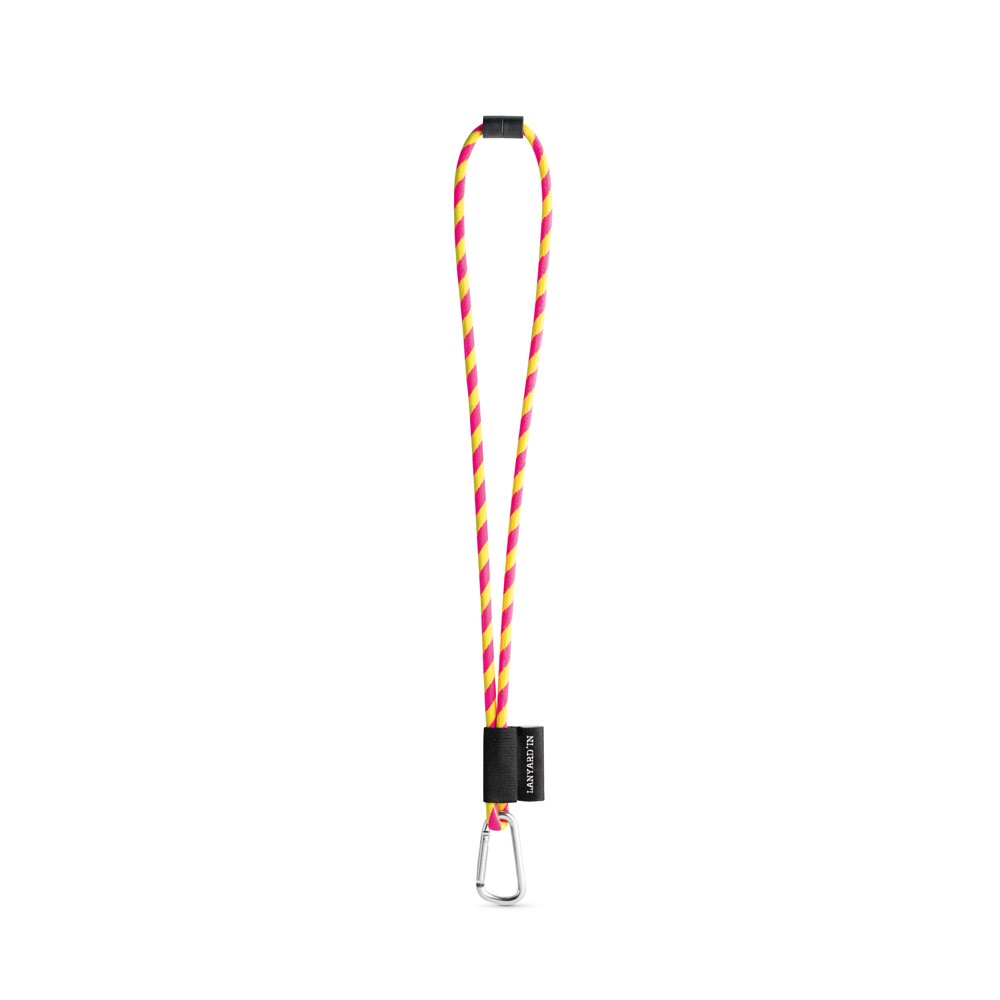75089. SET Lanyard Tube Long (Ø 7 mm) mit 55 mm D-förmigem Karabiner und Ø 7 mm Sicherheitsverschluss - Gelb Hexachrome, Rosa Hexachrome