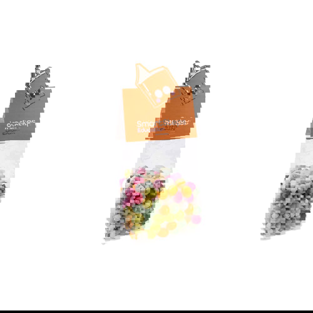 Blockbeutel mit Headerkarte in Ihrer eigenen Form und 150 Gramm Süßigkeiten - Transparent/Weiß