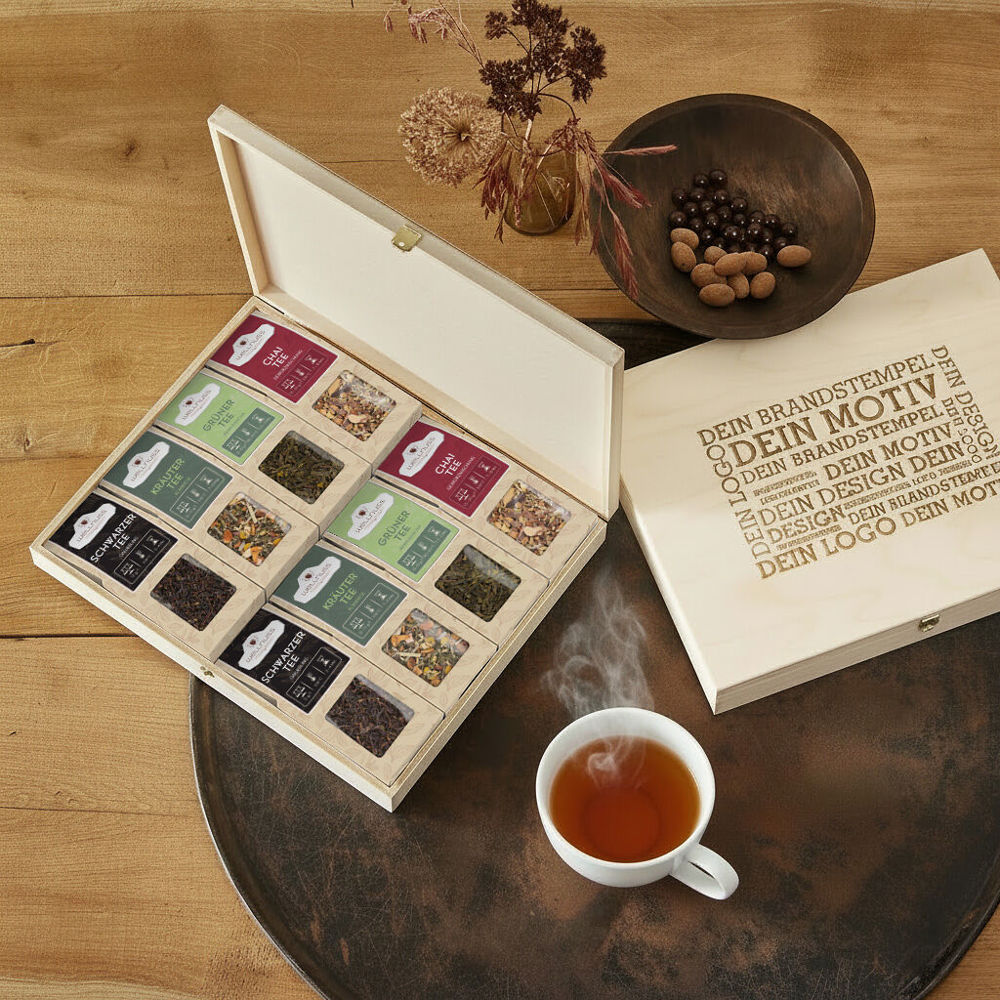 8 Tee Spezialitäten in der Birkenholzbox