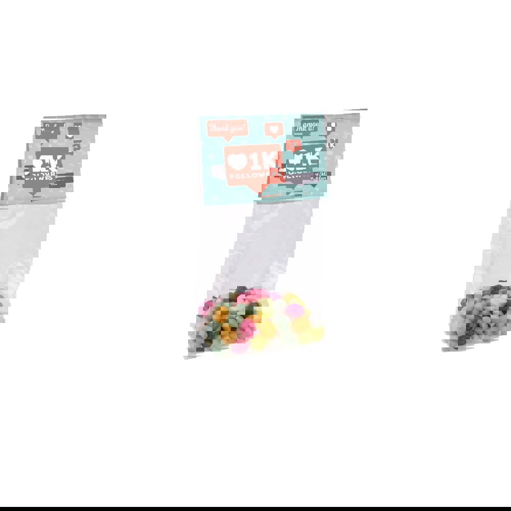 Blockbeutel mit Kopfkarte und 50 g Süssigkeiten - Transparent/Weiß