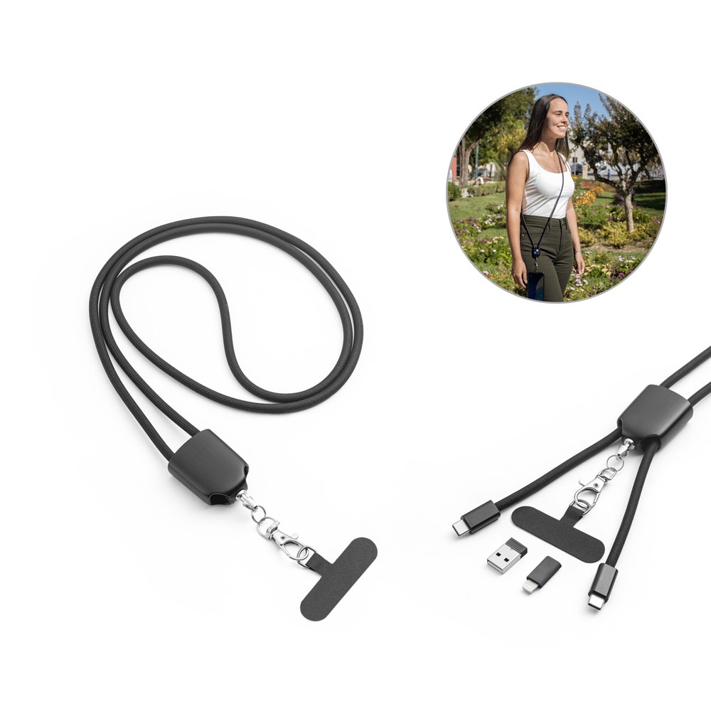 ZEWAIL. Lanyard mit Smartphone-Halterung, USB-C-Kabel und verschiedenen Adaptern aus recyceltem ABS und recyceltem TPE