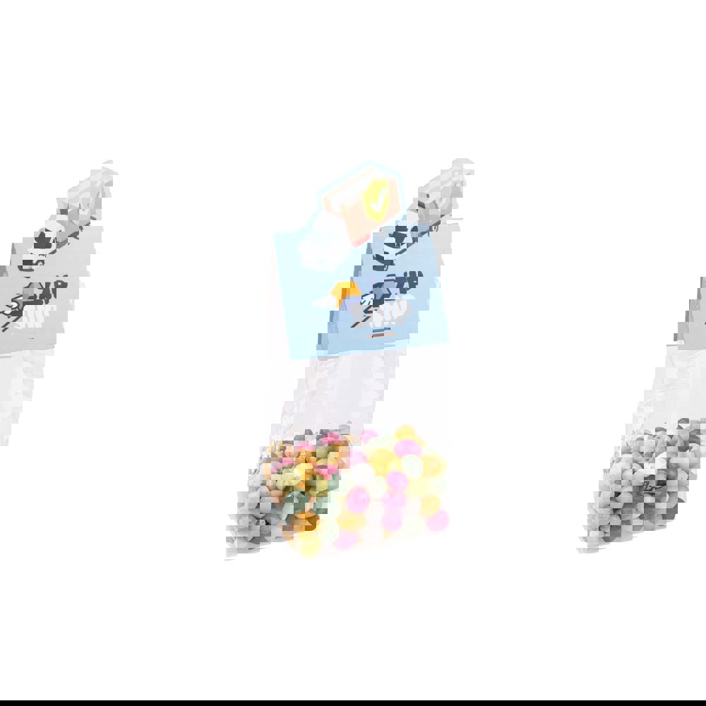 Blockbeutel mit Headerkarte in Ihrer eigenen Form und 100 Gramm Süßigkeiten - Transparent/Weiß