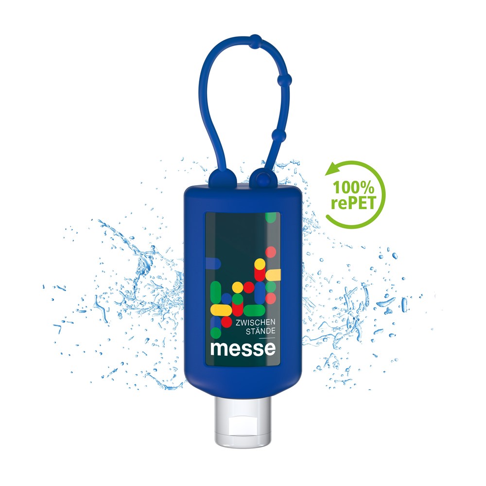 Hände-Desinfektionsgel (DIN EN 1500), 50 ml Bumper blau, Body Label (R-PET)