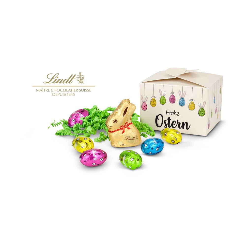 Buntes Lindt Osternest - Lindt-Osterhase mit 6 Eiern, auch in individueller Pralinenschachtel